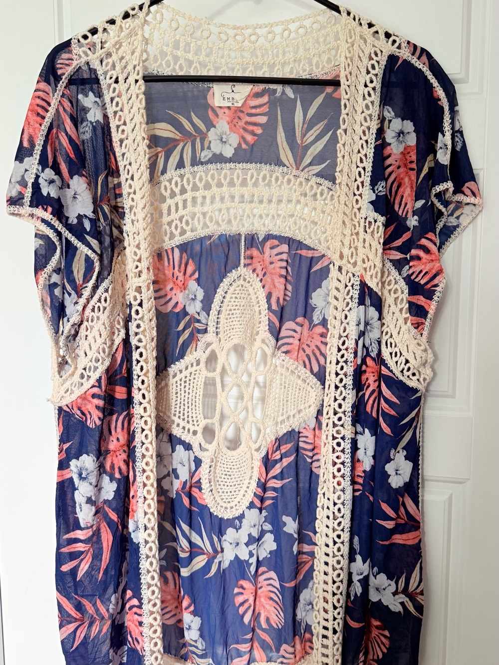 Navy Floral Sheer Kimono with Cream Crochet Trim